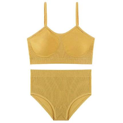 Wireless Breathable Bra Set With Removable Sponge Pads in mustard yellow seamless nylon bra and high-waist panties, thin mould full cup and removable pads
