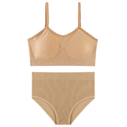 Wireless Breathable Bra Set With Removable Sponge Pads in nude seamless nylon bra and high-waist panties, wireless thin mould full cup, removable pads, fixed double straps