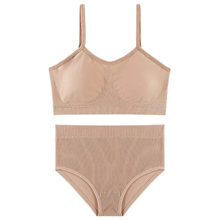 Wireless Breathable Bra Set With Removable Sponge Pads – seamless beige nylon wireless bra and high-waist panties for daily breathable comfort