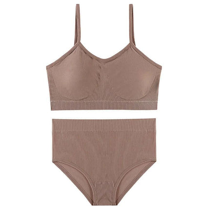 Wireless Breathable Bra Set With Removable Sponge Pads - seamless nylon thin mould full cup bra and matching high-waist panties, breathable for daily wear