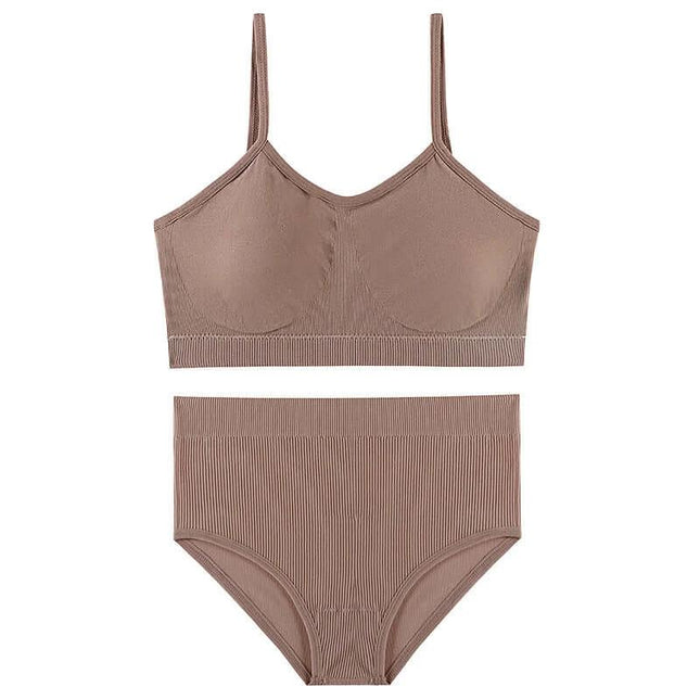 Wireless Breathable Bra Set With Removable Sponge Pads - seamless nylon thin mould full cup bra and matching high-waist panties, breathable for daily wear