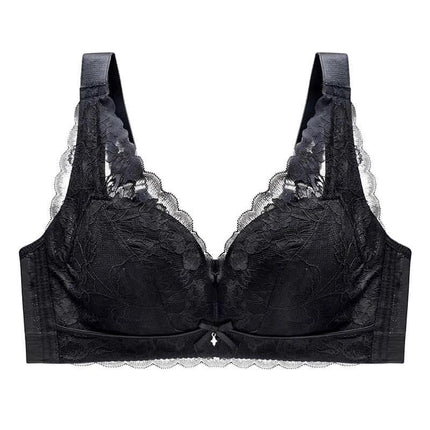 Wireless Lace Everyday Comfort Bra Ultra Thin Gather Support - black wireless lace bra with ultra-thin padding and gather support, scalloped lace trim, everyday wear