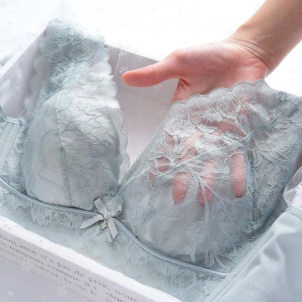 Wireless Lace Everyday Comfort Bra Ultra Thin Gather Support light blue lace wireless bra shown in hand box