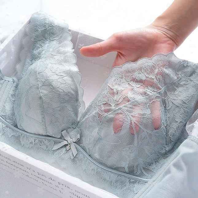 Wireless Lace Everyday Comfort Bra Ultra Thin Gather Support light blue lace wireless bra shown in hand box
