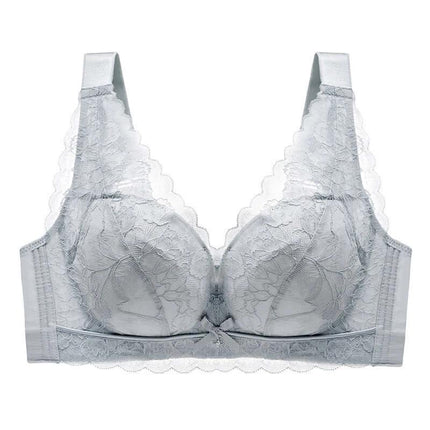 Wireless Lace Everyday Comfort Bra Ultra Thin Gather Support in light gray lace, wireless padded comfort bra for everyday wear and layering