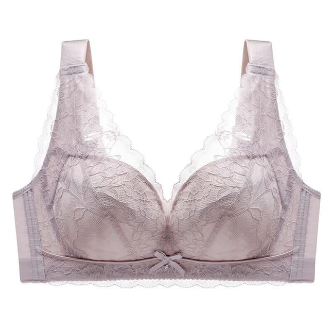 Wireless Lace Everyday Comfort Bra Ultra Thin Gather Support in pink lace, wireless ultra-thin padded bra with gather support for everyday wear