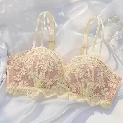 Wireless Lace Push Up Bra For Everyday Wear Sizes 32 34 - beige floral lace wireless push-up bra with removable padding and double shoulder straps