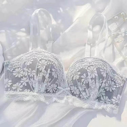 Wireless Lace Push Up Bra For Everyday Wear Sizes 32 34 - white floral lace wireless half-cup bra with removable padding and double straps