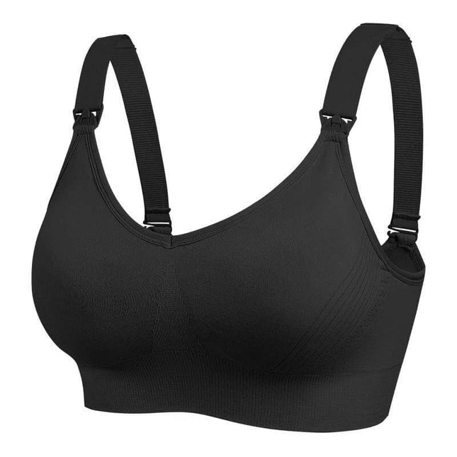 Wireless Nursing Bra With Front Buckle For Comfortable Breastfeeding - soft black wireless nursing bra with front buckle, molded cups and double shoulder straps for easy single-hand feeding