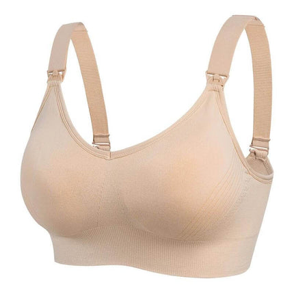 Wireless Nursing Bra With Front Buckle For Comfortable Breastfeeding in nude, soft wireless molded cups and front buckle for single-hand breastfeeding access