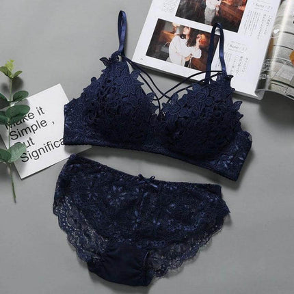 Wireless Seamless Bra And Brief Set Black Thin Mould Cup Comfort navy lace bralette and matching brief set on gray background