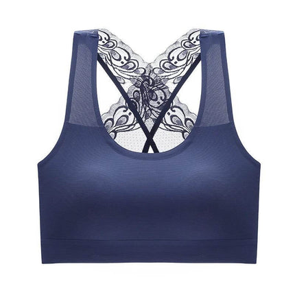 Wireless Seamless Women's Leisure Bra Sizes M L XL - navy wireless seamless leisure bra with lace racerback, nylon lycra stretch for daily low-impact wear