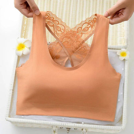 Wireless Seamless Women's Leisure Bra Sizes M L XL - peach nylon/lycra wireless seamless bra with lace racerback for everyday comfort