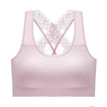 Wireless Seamless Women's Leisure Bra Sizes M L XL - light pink seamless wireless bra with lace racerback, nylon-lycra stretch for everyday comfort