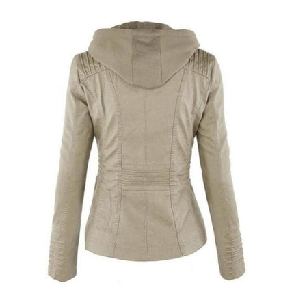 Detachable Hood PU Leather Jacket With Pockets For Women - beige fitted back view with removable fabric-lined hood and stitched panel details