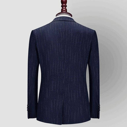 Business Suit Dress With Back Slit Gray Or Blue Casual - back view of navy pinstripe blazer on mannequin