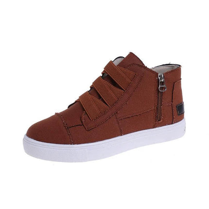 Canvas Flat Walking Shoes For Women With Side Zipper Closure in brown canvas with white rubber sole and side zipper, casual low-top walking shoe