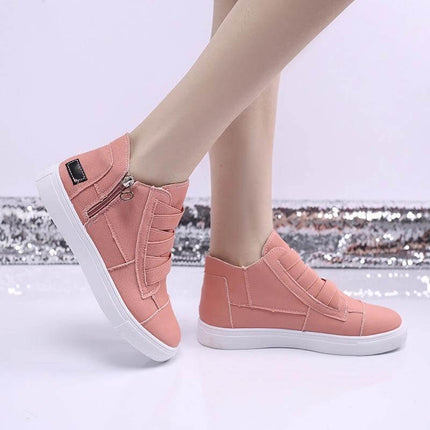 Canvas Flat Walking Shoes For Women With Side Zipper Closure - pink canvas low-profile flats with side zipper, rubber sole for comfort and grip
