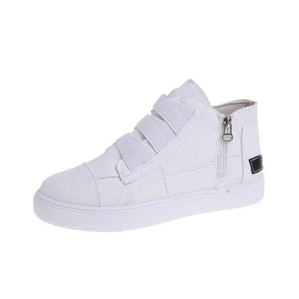 Canvas Flat Walking Shoes For Women With Side Zipper Closure in white canvas low-profile sneaker with side zipper and flat rubber sole