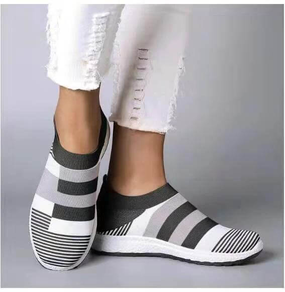 Women Casual Breathable Sneakers Low Heel For Daily Walking - grey striped slip-on mesh sneakers with low heel and lightweight EVA sole
