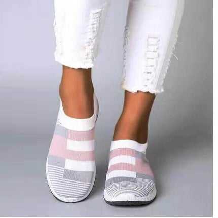 Women Casual Breathable Sneakers Low Heel For Daily Walking - slip-on mesh knit low-heel sneakers in pink gray for city walking