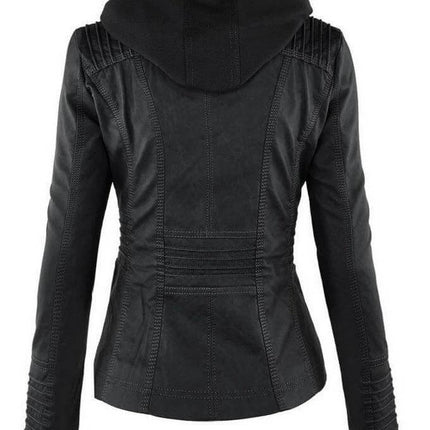 Detachable Hood PU Leather Jacket With Pockets For Women - black fitted back view with removable hood and stitched panel pockets