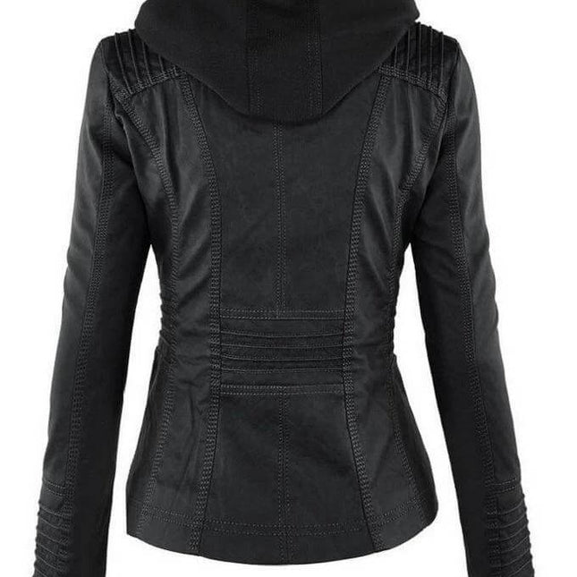 Detachable Hood PU Leather Jacket With Pockets For Women - black fitted back view with removable hood and stitched panel pockets
