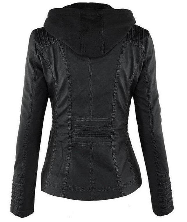Detachable Hood PU Leather Jacket With Pockets For Women - black fitted back view with removable hood and stitched panel pockets