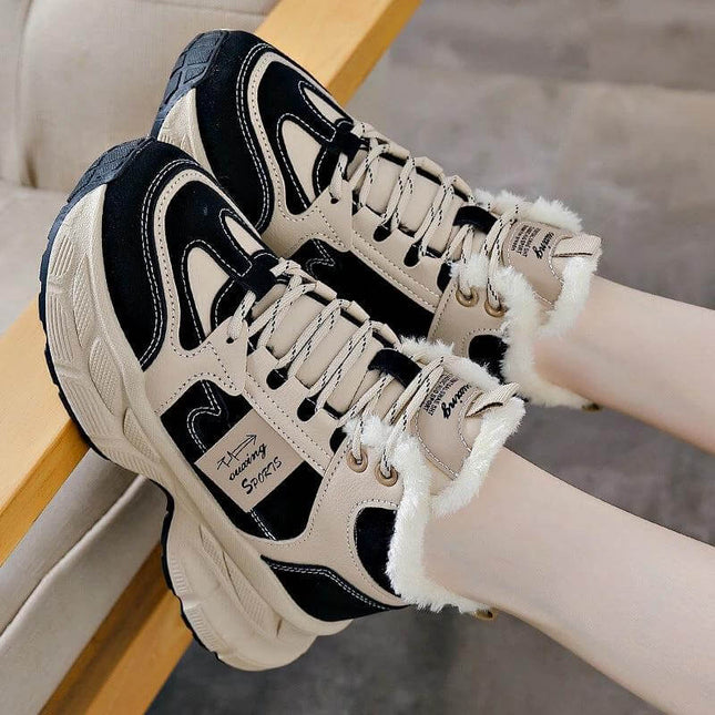 Fleece Lined Winter Sneakers For Women In Black Gray Blue - fleece-lined lace-up mid-heel round-toe casual shoes for cold-weather commutes