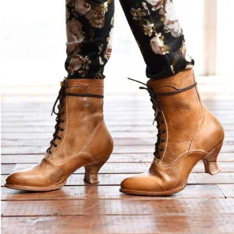 Women High Heels Large Size Lace Boots Fighter Retro PU Leather Round Toe Shoes, 42, 43