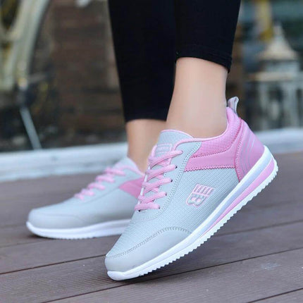 Leather Student Sneakers For Women Breathable Casual Shoes - pink and grey low-profile PU upper with mesh lining, EVA sole, cushioned textile insole, campus casual