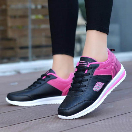 Leather Student Sneakers For Women Breathable Casual Shoes - black and pink low-profile leather student sneakers with breathable mesh lining and EVA sole