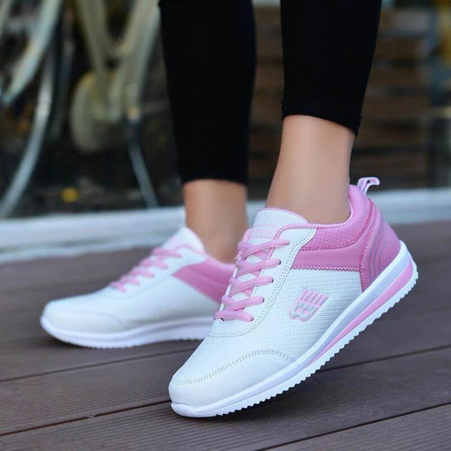 Leather Student Sneakers For Women Breathable Casual Shoes in white and pink low-profile PU mesh trainers with EVA sole for campus walking