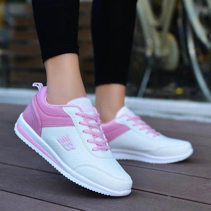 Leather Student Sneakers For Women Breathable Casual Shoes - pink and white low-profile PU sneakers with mesh lining and EVA sole for campus walking