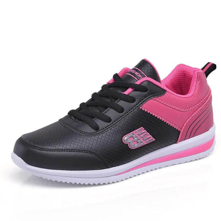 Leather Student Sneakers For Women Breathable Casual Shoes - black and pink low-profile PU sneakers with mesh lining and EVA sole