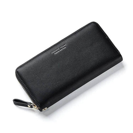 Women Long Clutch Wallet For Everyday Use Large Capacity - black synthetic leather zip-around long clutch with card slots and roomy interior