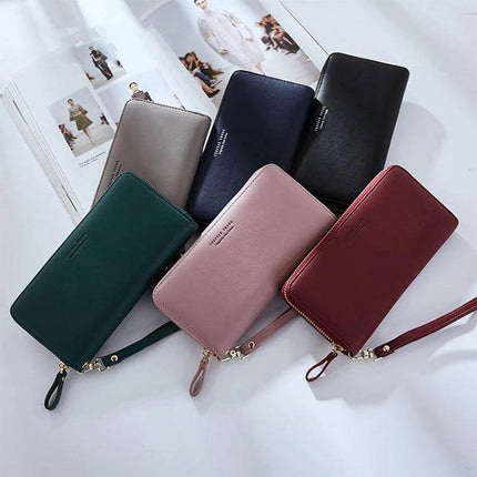 Women Long Clutch Wallet For Everyday Use Large Capacity - assorted synthetic leather long clutch wallets with wrist strap, roomy card slots and zip closure