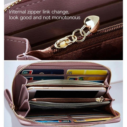 Women Long Clutch Wallet For Everyday Use Large Capacity - open view showing card slots, banknote compartments, internal zipper and gold heart zipper pull