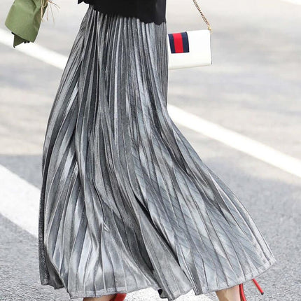 Pleated Skirt Long For Everyday Wear Women Wardrobe Staple - silver metallic long pleated skirt styled with red heels and white shoulder bag