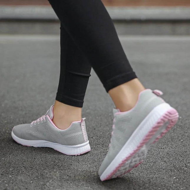 Women Mesh Wedge Sneakers For Everyday Casual Walking in gray-pink breathable mesh with low wedge and EVA sole for comfortable daily walking