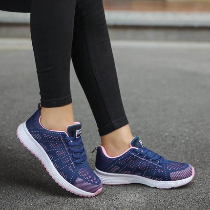 Alt Tag: Women Mesh Wedge Sneakers For Everyday Casual Walking - navy breathable mesh low wedge sneakers with EVA sole for commuting and long walks