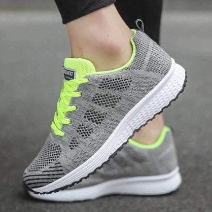 Women Mesh Wedge Sneakers For Everyday Casual Walking - breathable grey mesh sneakers with neon green accents, EVA midsole and vulcanized sole for daily comfort