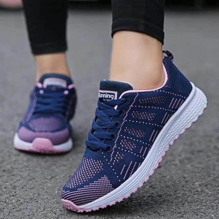 Women Mesh Wedge Sneakers For Everyday Casual Walking - navy pink breathable mesh wedge sneakers with EVA sole for commuting and light travel