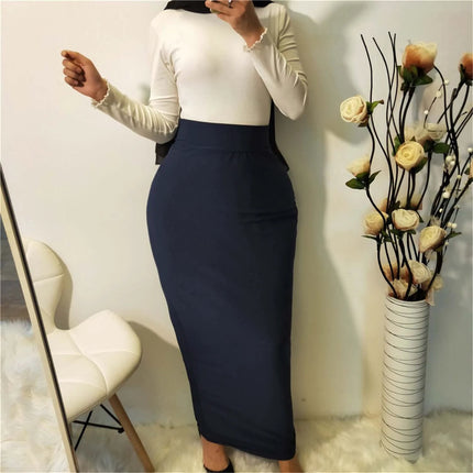 All-Match Solid Color Modal Skirt for Everyday Modest Wear modeled in navy, high-waist, ankle-length modest skirt paired with long-sleeve top