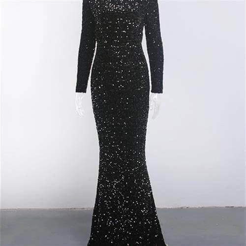 Women Modest Stretch Sequin Royal Blue Evening Gown in black sequin long-sleeve modest evening dress for weddings and receptions