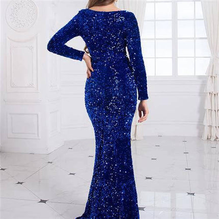 Women Modest Stretch Sequin Royal Blue Evening Gown shown from back in fitted long-sleeve sequin mermaid silhouette for weddings and evening events