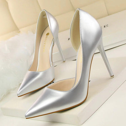 Pointed Stiletto Low Heel Patent Pumps For Women Everyday - silver glossy pointed-toe 10.5cm stiletto pumps for office or evening wear