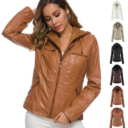 Detachable Hood PU Leather Jacket With Pockets For Women - brown fitted hooded PU leather jacket with zip pockets, removable fabric-lined hood