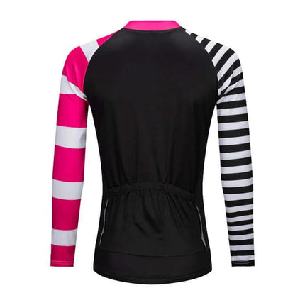 Cycling Jersey For Spring And Autumn Breathable Sweat Wicking Fit - black back with pink and black striped long sleeves, mesh panels and rear pockets