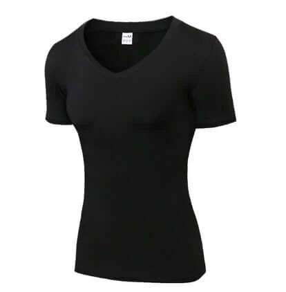 Women V Neck Quick Dry Yoga Tee For Workout And Running in black, short-sleeve lightweight moisture-wicking polyester-spandex top